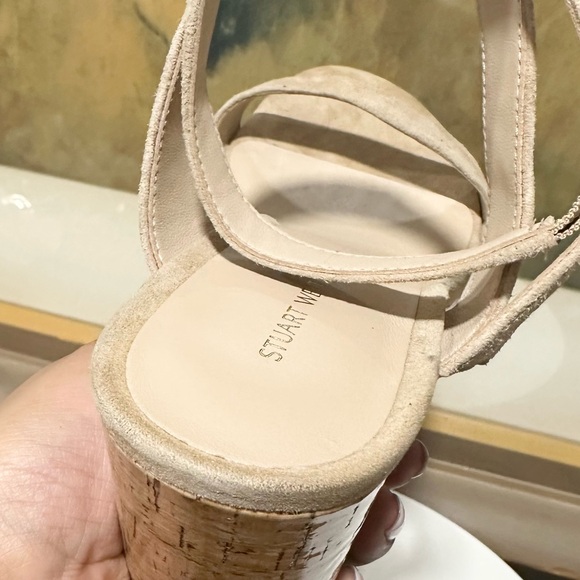 Stuart Weitzman "AVE" Cork Wedge Suede Sandals - $495 - Beige/Tan - Size 9 - Picture 12 of 14